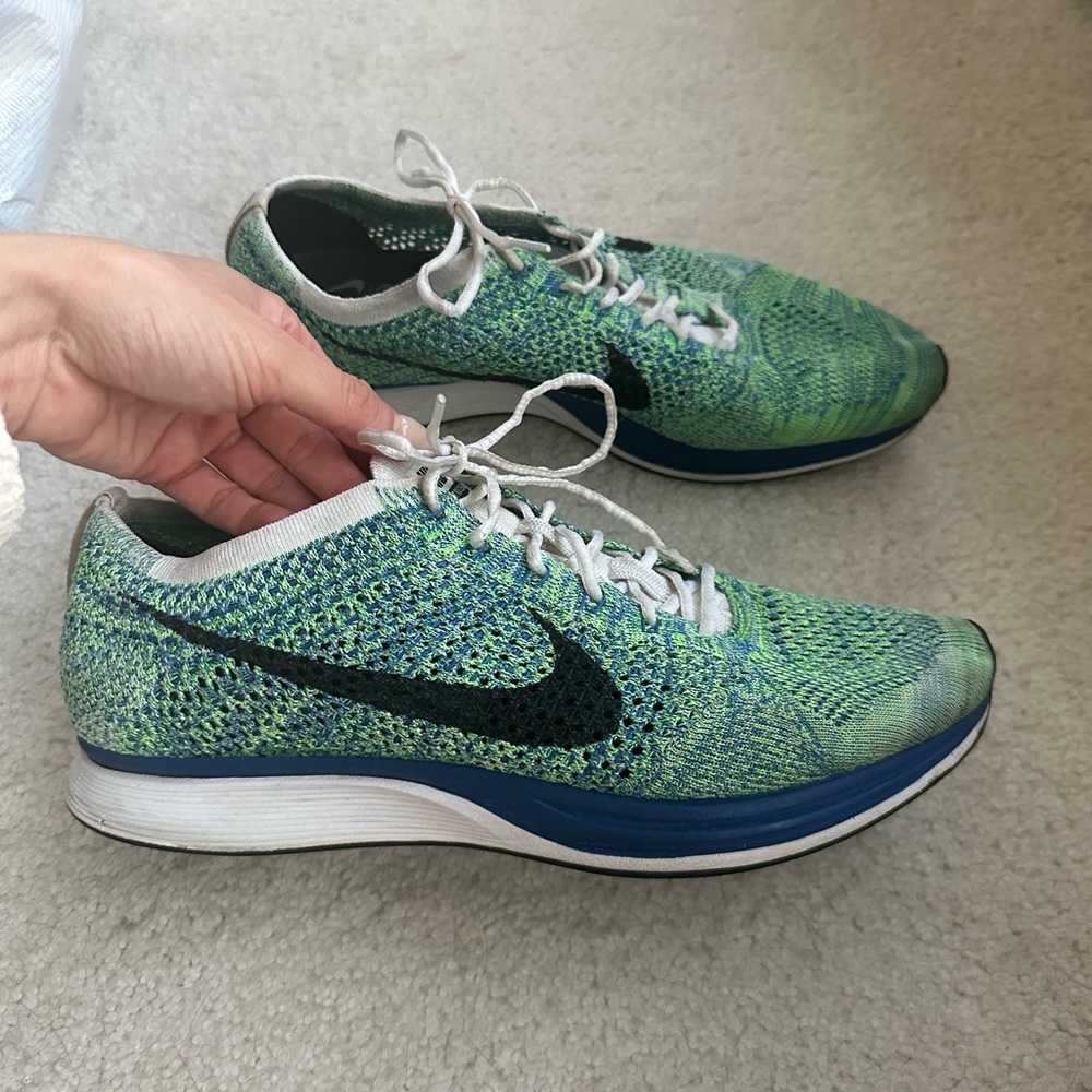 Men’s Nike Shoes Flyknit Racer Blue Green Size 10.5